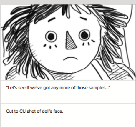 Storyboard: close-up of the rag doll’s face